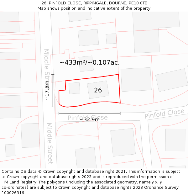 26, PINFOLD CLOSE, RIPPINGALE, BOURNE, PE10 0TB: Plot and title map