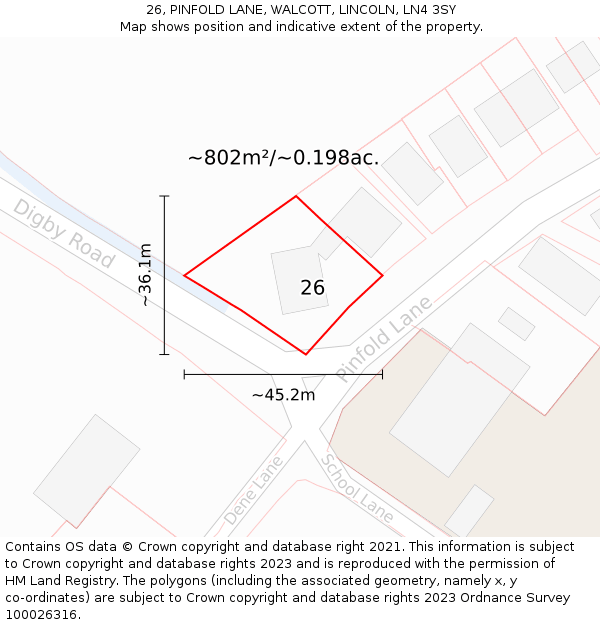 26, PINFOLD LANE, WALCOTT, LINCOLN, LN4 3SY: Plot and title map