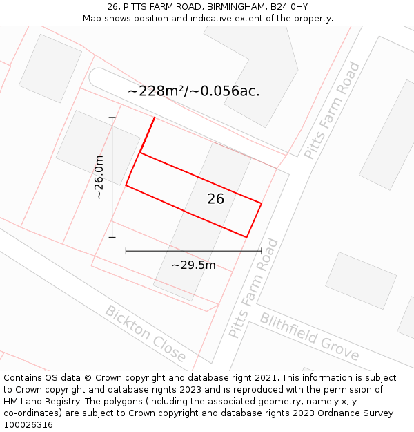 26, PITTS FARM ROAD, BIRMINGHAM, B24 0HY: Plot and title map