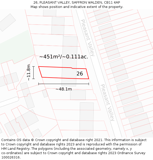 26, PLEASANT VALLEY, SAFFRON WALDEN, CB11 4AP: Plot and title map