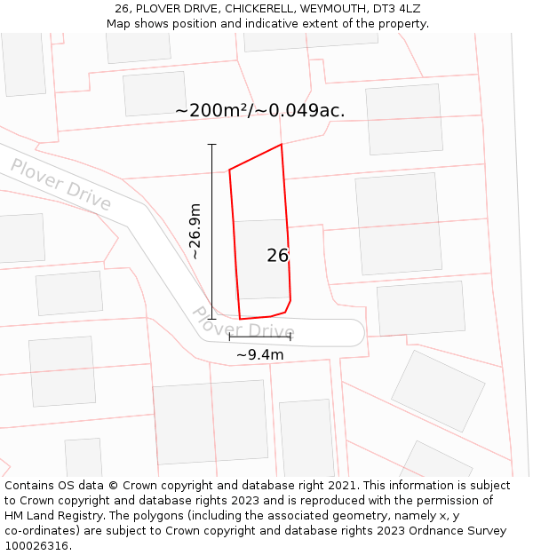 26, PLOVER DRIVE, CHICKERELL, WEYMOUTH, DT3 4LZ: Plot and title map