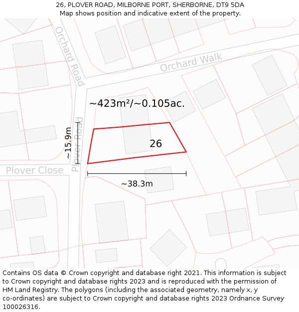 26, PLOVER ROAD, MILBORNE PORT, SHERBORNE, DT9 5DA: Plot and title map