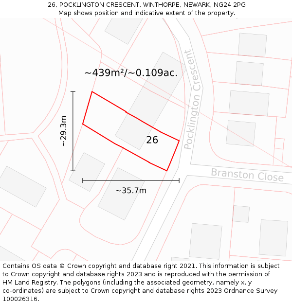 26, POCKLINGTON CRESCENT, WINTHORPE, NEWARK, NG24 2PG: Plot and title map