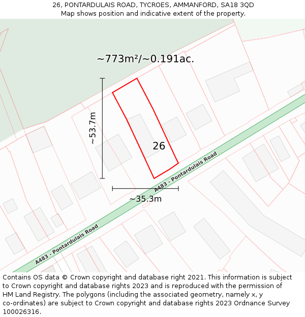 26, PONTARDULAIS ROAD, TYCROES, AMMANFORD, SA18 3QD: Plot and title map