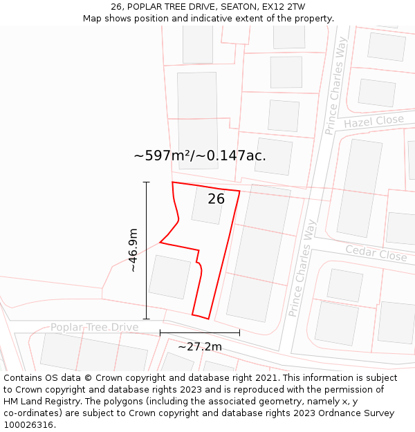 26, POPLAR TREE DRIVE, SEATON, EX12 2TW: Plot and title map