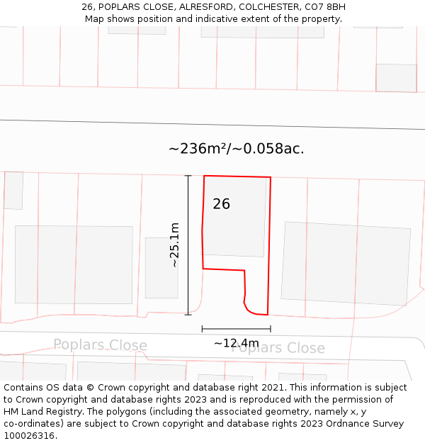 26, POPLARS CLOSE, ALRESFORD, COLCHESTER, CO7 8BH: Plot and title map