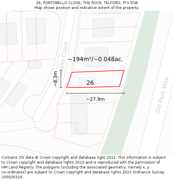 26, PORTOBELLO CLOSE, THE ROCK, TELFORD, TF3 5DB: Plot and title map