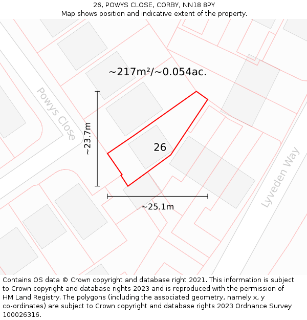 26, POWYS CLOSE, CORBY, NN18 8PY: Plot and title map