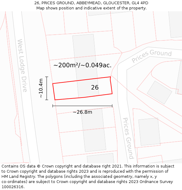 26, PRICES GROUND, ABBEYMEAD, GLOUCESTER, GL4 4PD: Plot and title map