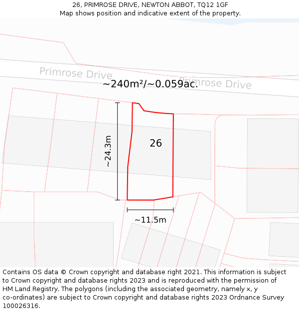 26, PRIMROSE DRIVE, NEWTON ABBOT, TQ12 1GF: Plot and title map