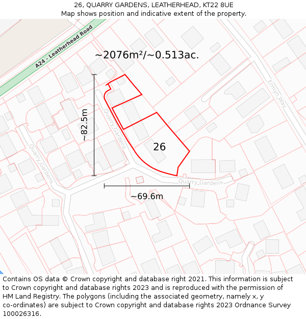 26, QUARRY GARDENS, LEATHERHEAD, KT22 8UE: Plot and title map