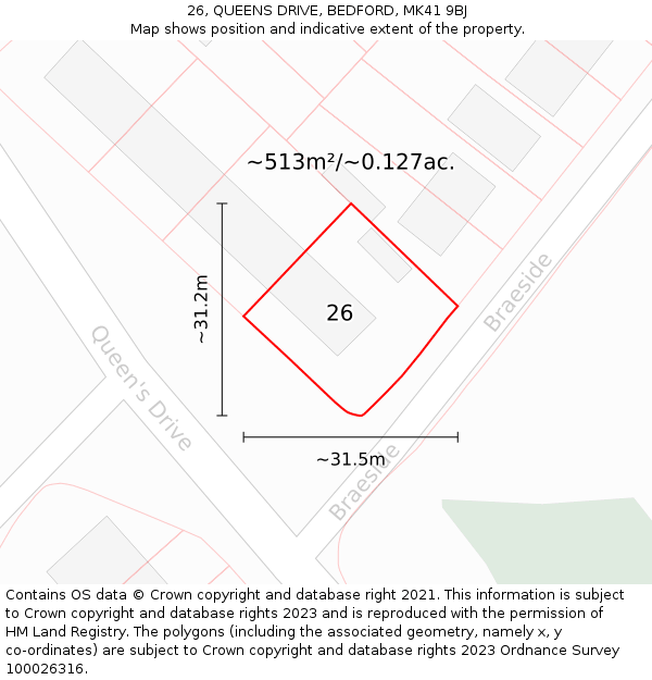 26, QUEENS DRIVE, BEDFORD, MK41 9BJ: Plot and title map