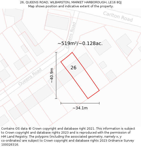 26, QUEENS ROAD, WILBARSTON, MARKET HARBOROUGH, LE16 8QJ: Plot and title map