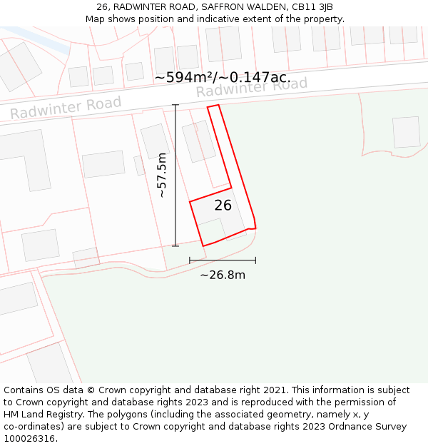 26, RADWINTER ROAD, SAFFRON WALDEN, CB11 3JB: Plot and title map