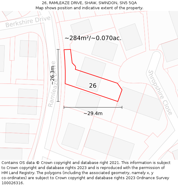 26, RAMLEAZE DRIVE, SHAW, SWINDON, SN5 5QA: Plot and title map