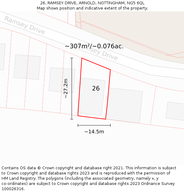 26, RAMSEY DRIVE, ARNOLD, NOTTINGHAM, NG5 6QL: Plot and title map