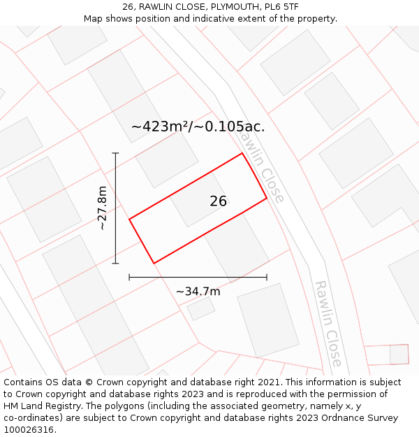 26, RAWLIN CLOSE, PLYMOUTH, PL6 5TF: Plot and title map