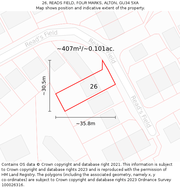 26, READS FIELD, FOUR MARKS, ALTON, GU34 5XA: Plot and title map