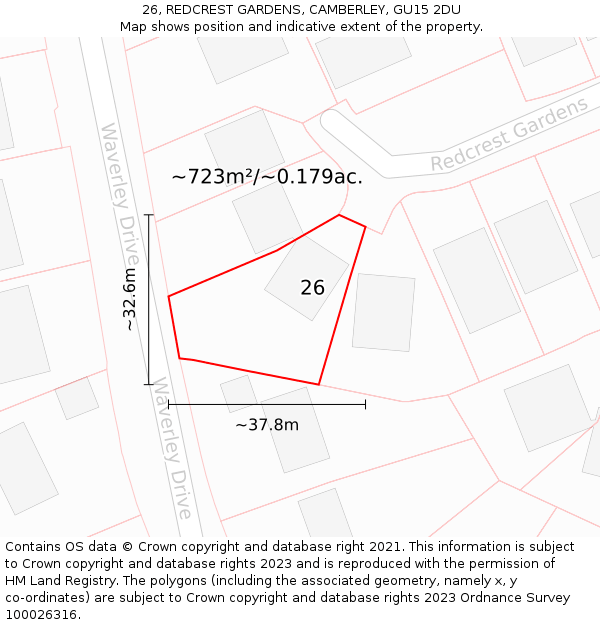 26, REDCREST GARDENS, CAMBERLEY, GU15 2DU: Plot and title map