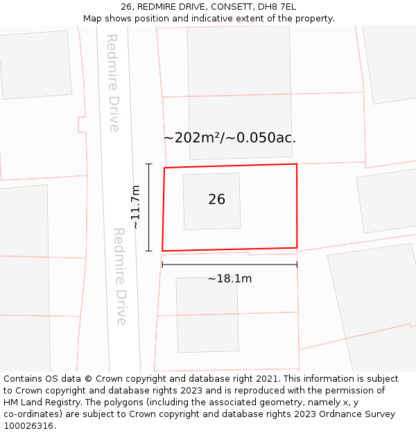 26, REDMIRE DRIVE, CONSETT, DH8 7EL: Plot and title map