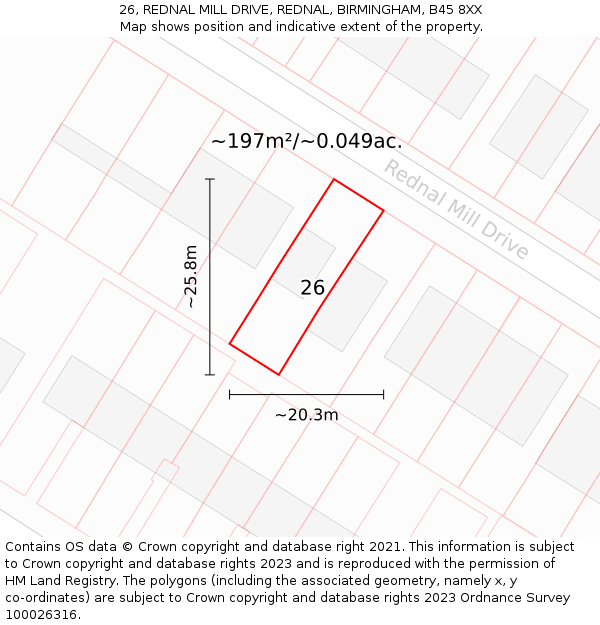 26, REDNAL MILL DRIVE, REDNAL, BIRMINGHAM, B45 8XX: Plot and title map