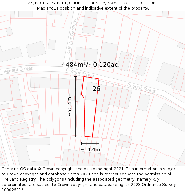 26, REGENT STREET, CHURCH GRESLEY, SWADLINCOTE, DE11 9PL: Plot and title map