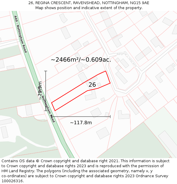 26, REGINA CRESCENT, RAVENSHEAD, NOTTINGHAM, NG15 9AE: Plot and title map