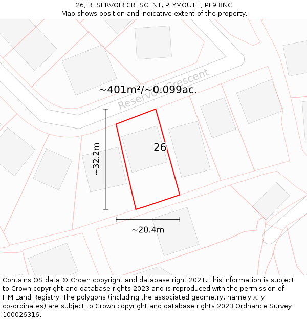 26, RESERVOIR CRESCENT, PLYMOUTH, PL9 8NG: Plot and title map