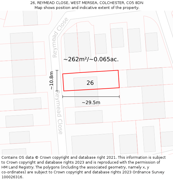 26, REYMEAD CLOSE, WEST MERSEA, COLCHESTER, CO5 8DN: Plot and title map
