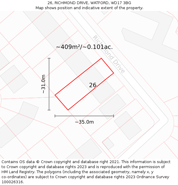 26, RICHMOND DRIVE, WATFORD, WD17 3BG: Plot and title map