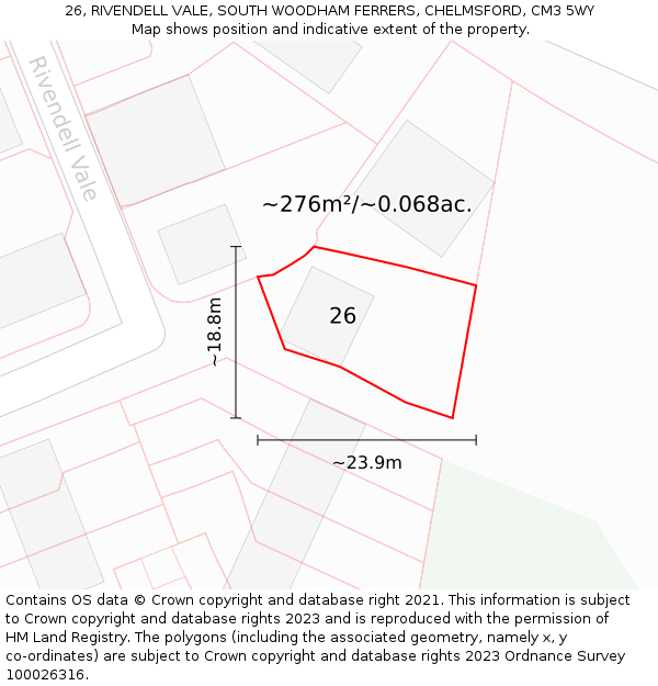 26, RIVENDELL VALE, SOUTH WOODHAM FERRERS, CHELMSFORD, CM3 5WY: Plot and title map