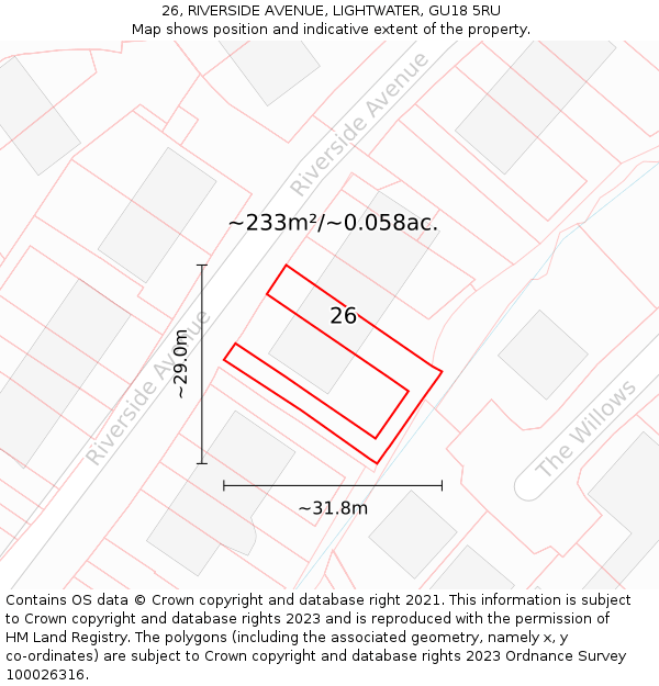 26, RIVERSIDE AVENUE, LIGHTWATER, GU18 5RU: Plot and title map