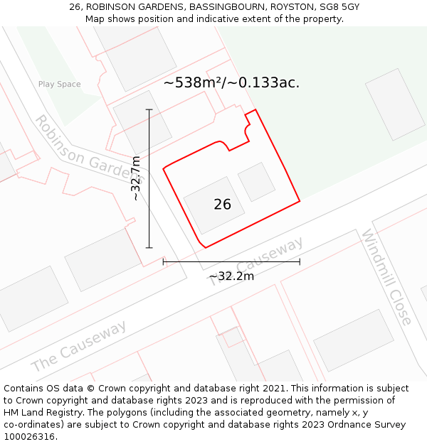 26, ROBINSON GARDENS, BASSINGBOURN, ROYSTON, SG8 5GY: Plot and title map