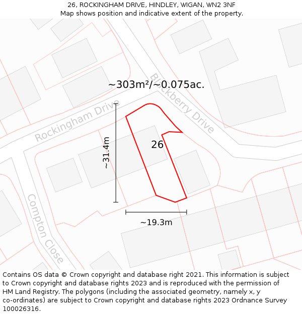26, ROCKINGHAM DRIVE, HINDLEY, WIGAN, WN2 3NF: Plot and title map