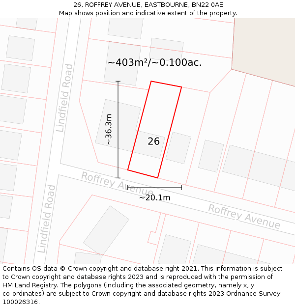 26, ROFFREY AVENUE, EASTBOURNE, BN22 0AE: Plot and title map