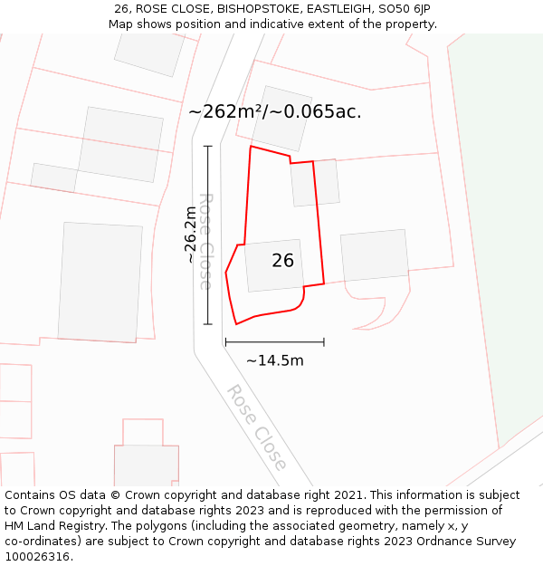 26, ROSE CLOSE, BISHOPSTOKE, EASTLEIGH, SO50 6JP: Plot and title map