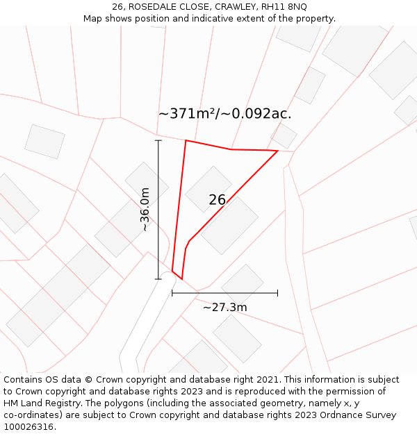 26, ROSEDALE CLOSE, CRAWLEY, RH11 8NQ: Plot and title map