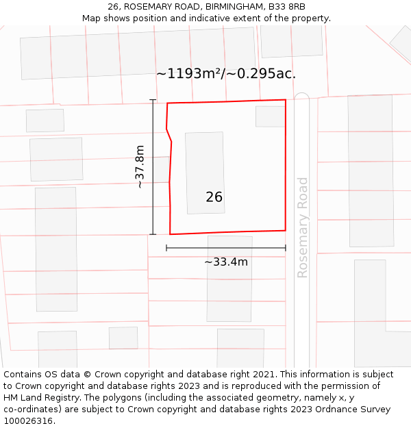 26, ROSEMARY ROAD, BIRMINGHAM, B33 8RB: Plot and title map