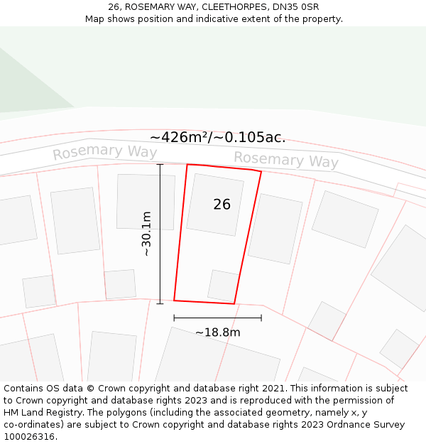 26, ROSEMARY WAY, CLEETHORPES, DN35 0SR: Plot and title map