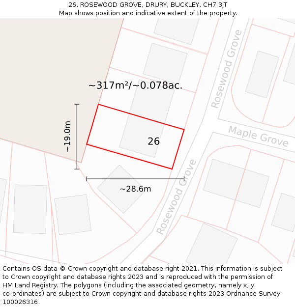 26, ROSEWOOD GROVE, DRURY, BUCKLEY, CH7 3JT: Plot and title map