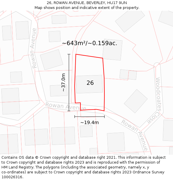 26, ROWAN AVENUE, BEVERLEY, HU17 9UN: Plot and title map