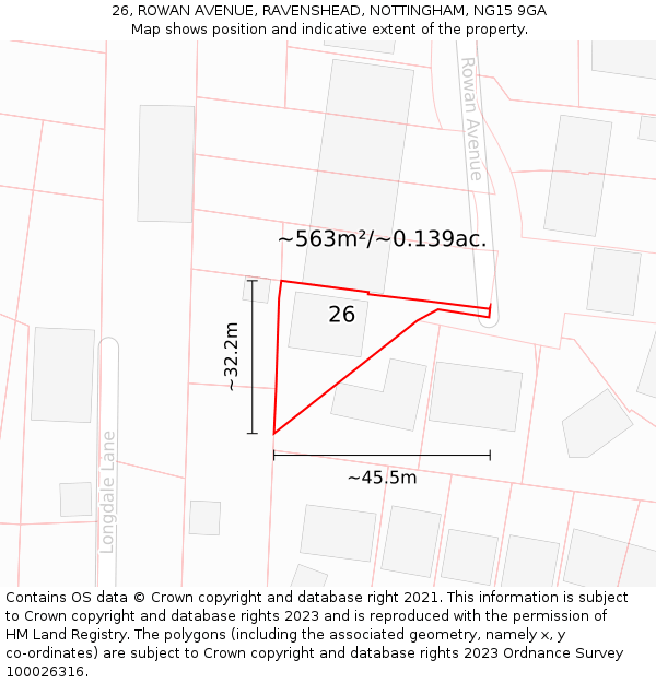 26, ROWAN AVENUE, RAVENSHEAD, NOTTINGHAM, NG15 9GA: Plot and title map