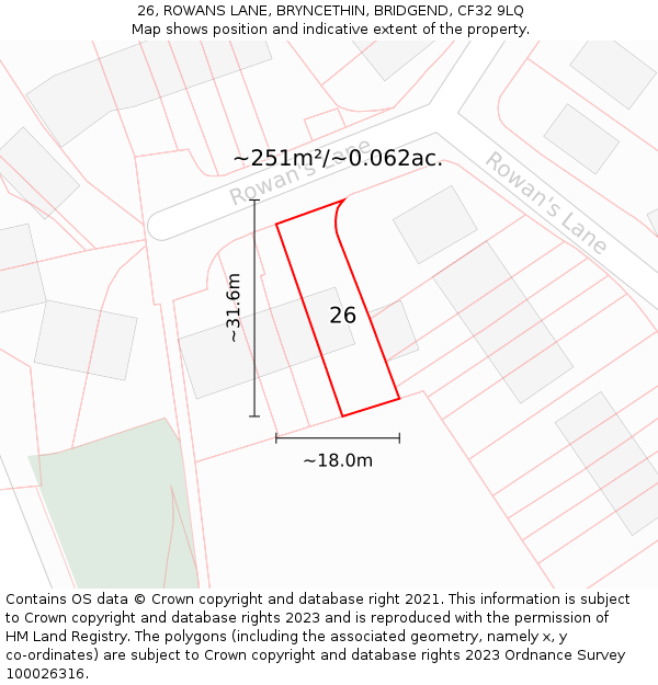 26, ROWANS LANE, BRYNCETHIN, BRIDGEND, CF32 9LQ: Plot and title map