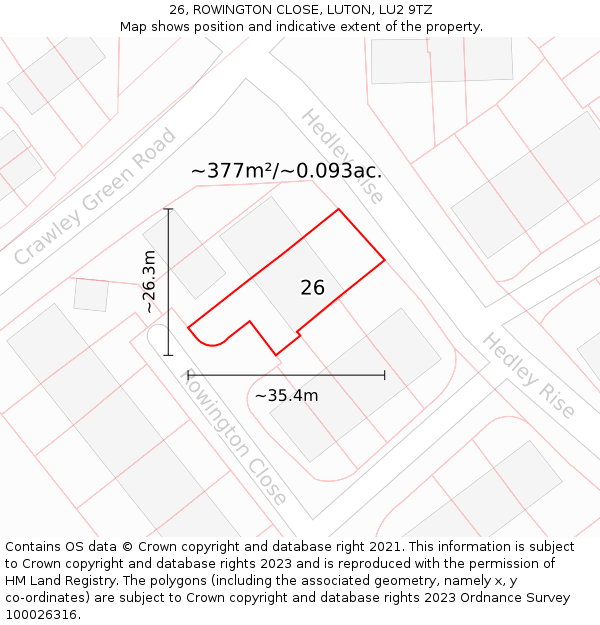 26, ROWINGTON CLOSE, LUTON, LU2 9TZ: Plot and title map