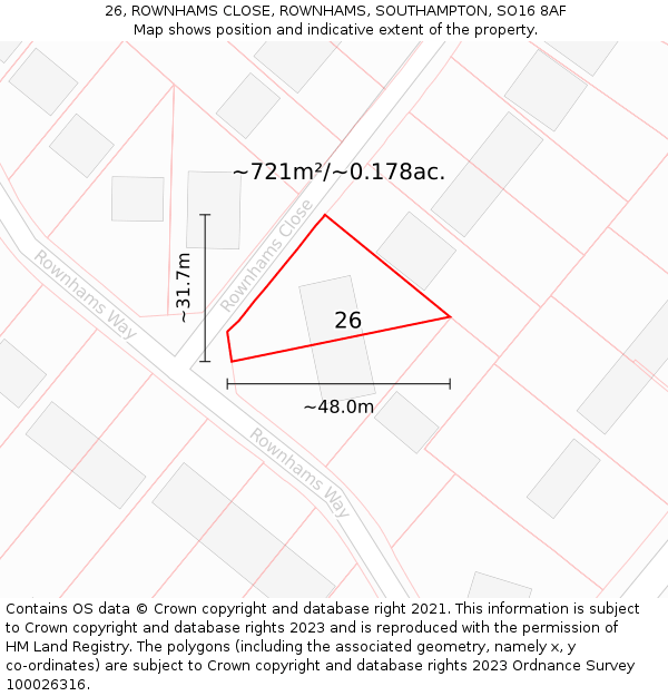 26, ROWNHAMS CLOSE, ROWNHAMS, SOUTHAMPTON, SO16 8AF: Plot and title map