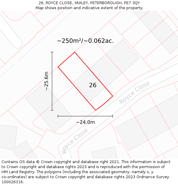 26, ROYCE CLOSE, YAXLEY, PETERBOROUGH, PE7 3QY: Plot and title map