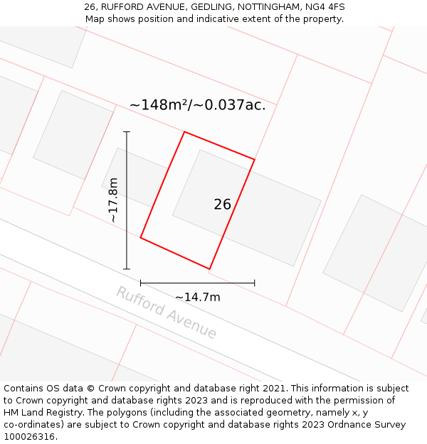 26, RUFFORD AVENUE, GEDLING, NOTTINGHAM, NG4 4FS: Plot and title map
