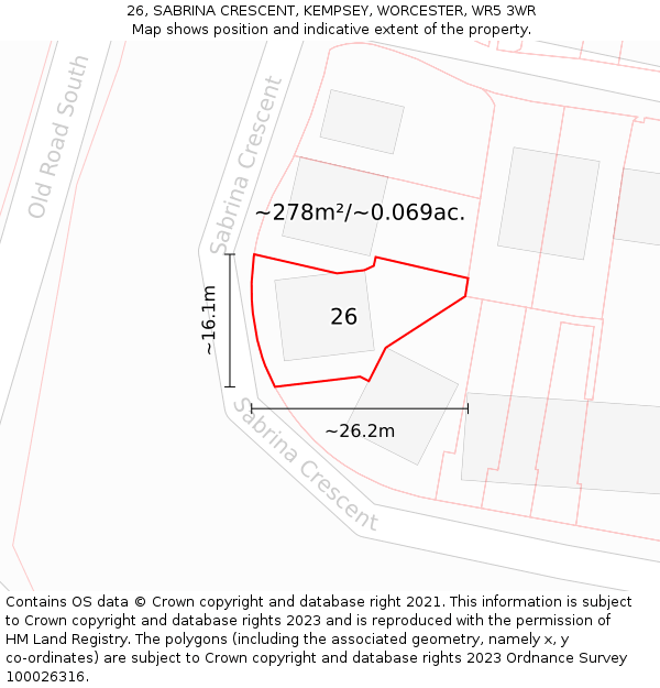 26, SABRINA CRESCENT, KEMPSEY, WORCESTER, WR5 3WR: Plot and title map