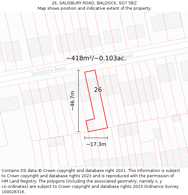 26, SALISBURY ROAD, BALDOCK, SG7 5BZ: Plot and title map