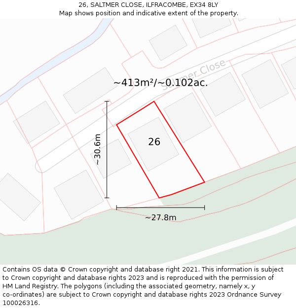 26, SALTMER CLOSE, ILFRACOMBE, EX34 8LY: Plot and title map